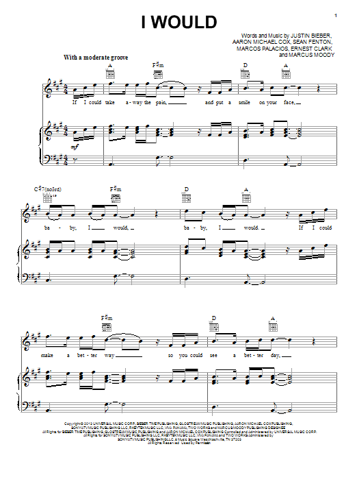 Justin Bieber I Would sheet music notes and chords arranged for Piano, Vocal & Guitar Chords (Right-Hand Melody)