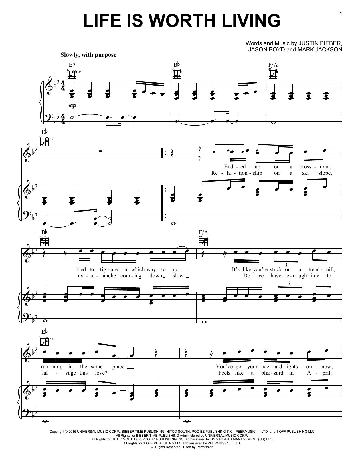 Justin Bieber Life Is Worth Living sheet music notes and chords arranged for Piano, Vocal & Guitar Chords (Right-Hand Melody)
