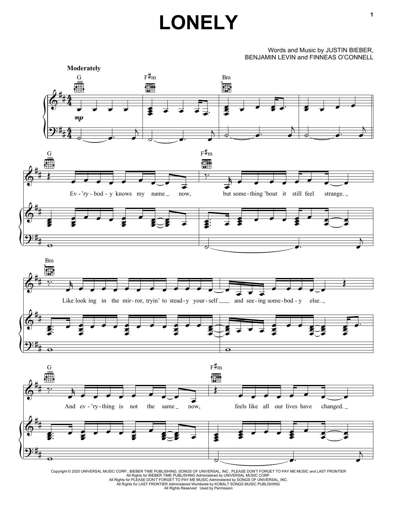 Justin Bieber Lonely (with benny blanco) sheet music notes and chords arranged for Piano, Vocal & Guitar Chords (Right-Hand Melody)