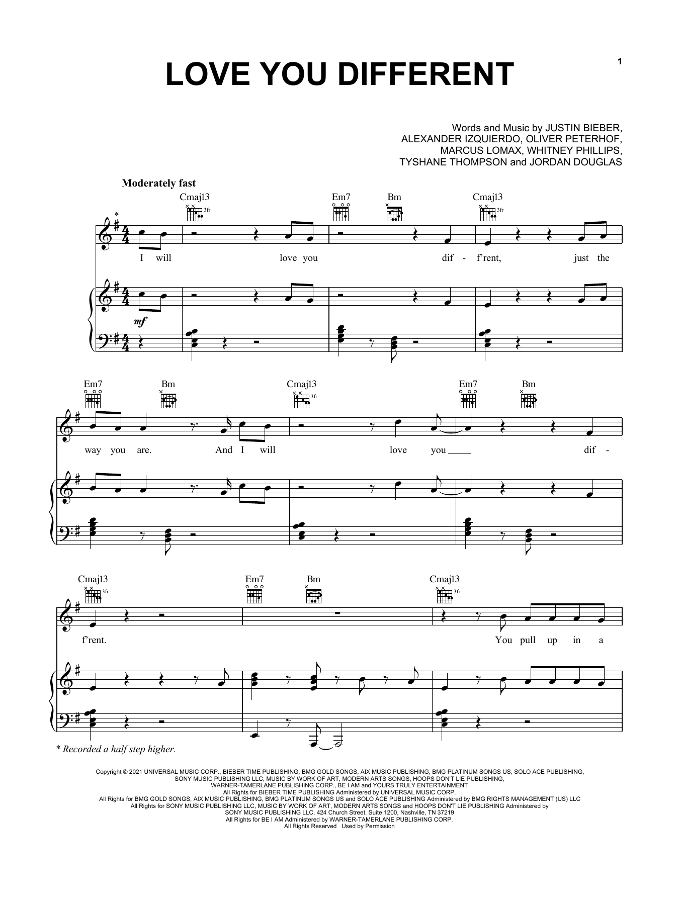 Justin Bieber Love You Different (feat. BEAM) sheet music notes and chords arranged for Piano, Vocal & Guitar Chords (Right-Hand Melody)