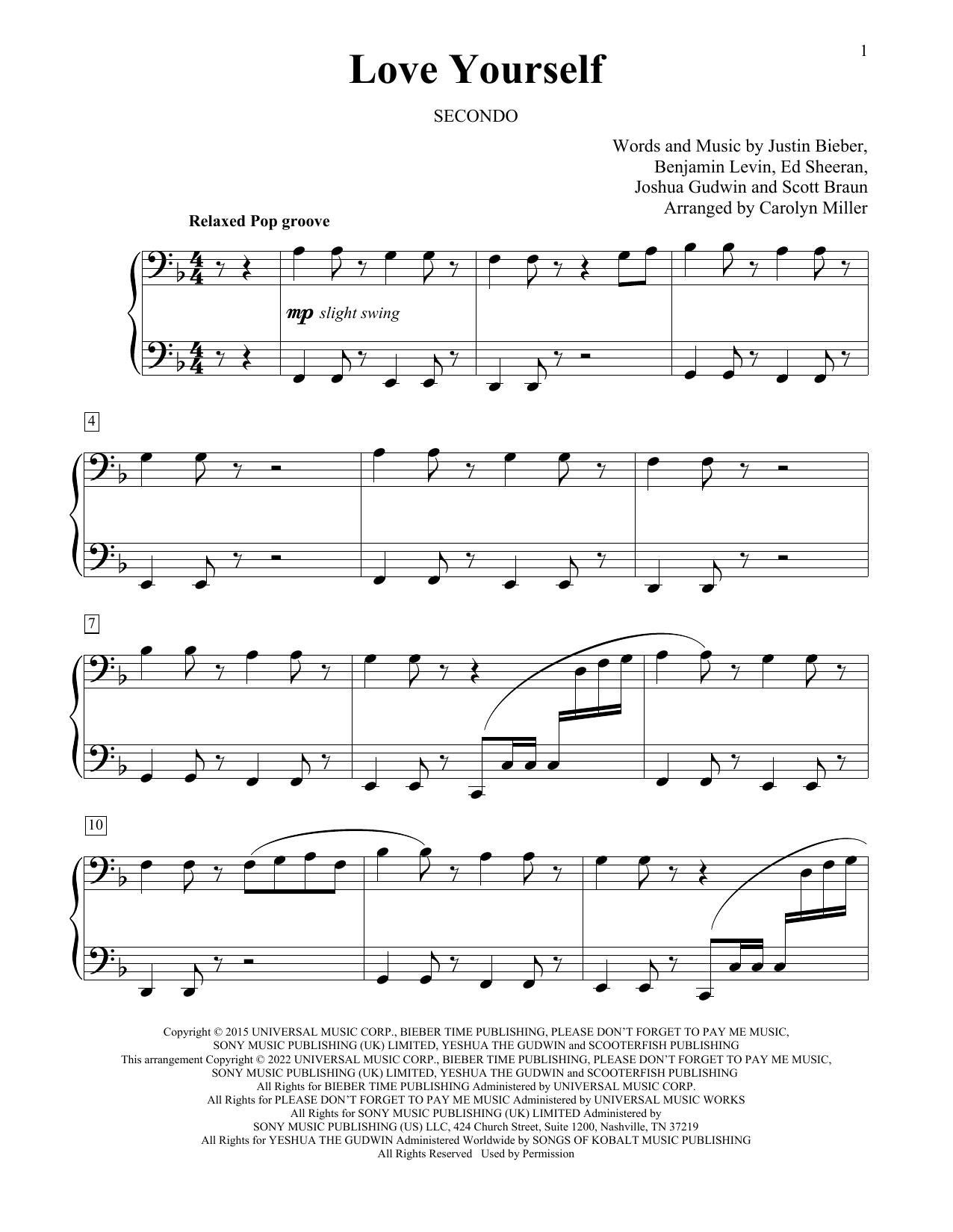 Justin Bieber Love Yourself (arr. Carolyn Miller) sheet music notes and chords arranged for Piano Duet