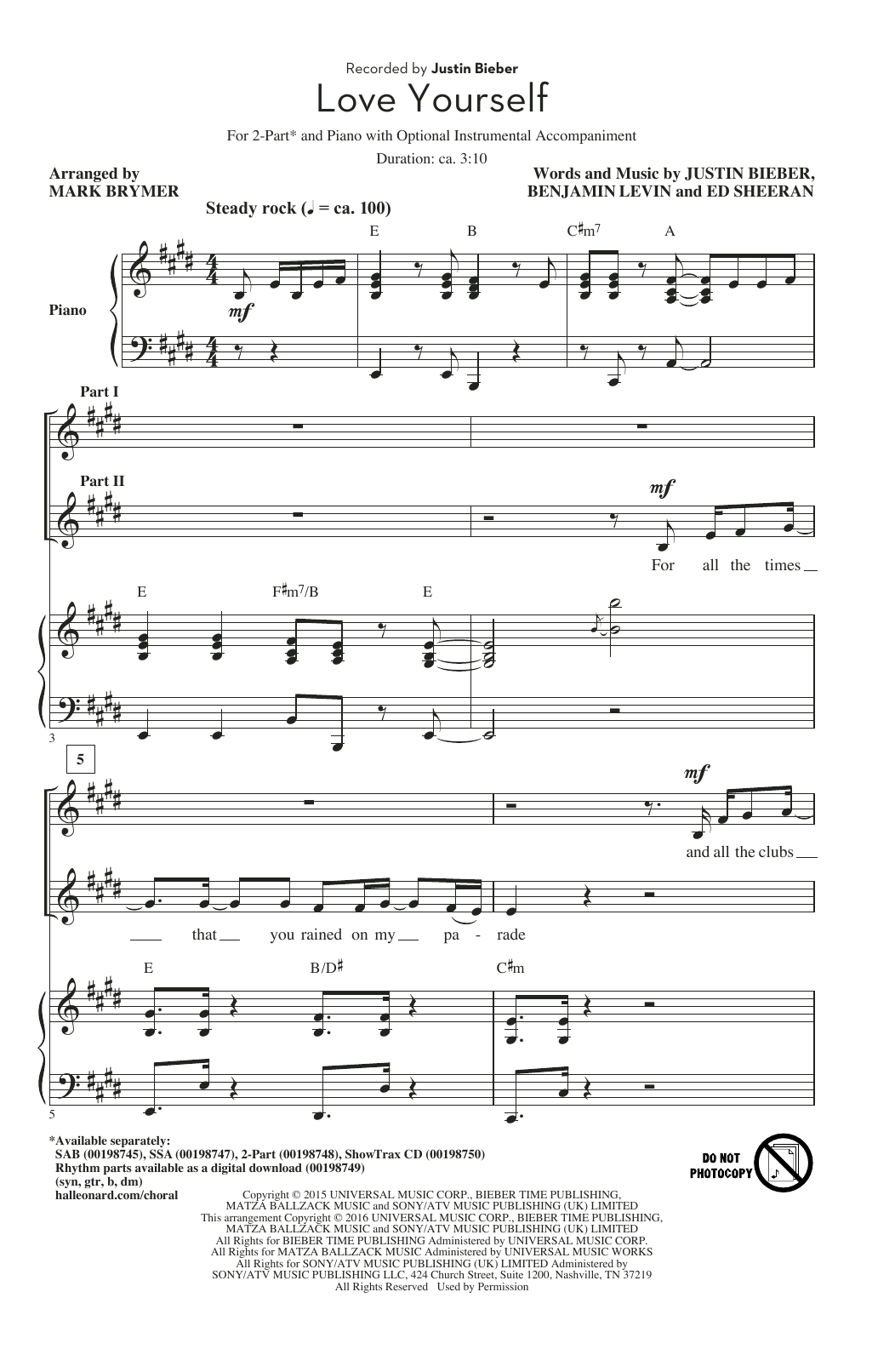 Justin Bieber Love Yourself (arr. Mark Brymer) sheet music notes and chords arranged for SAB Choir