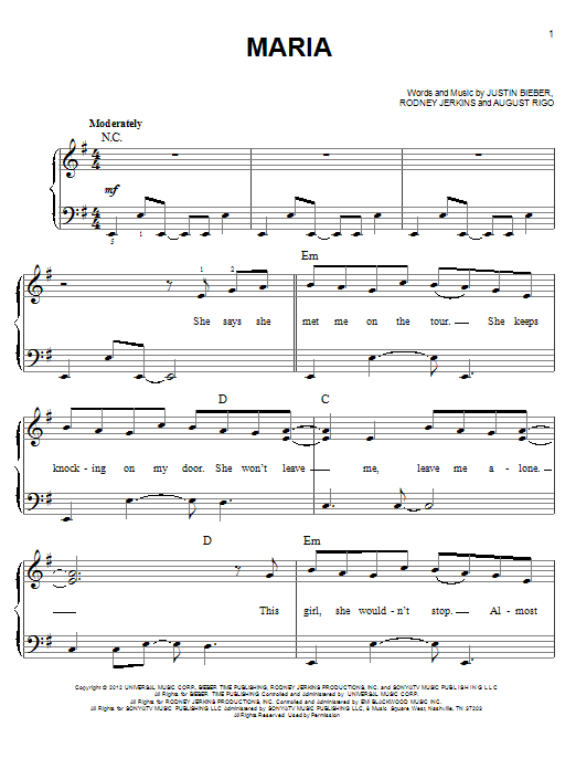 Justin Bieber Maria sheet music notes and chords arranged for Piano, Vocal & Guitar Chords (Right-Hand Melody)