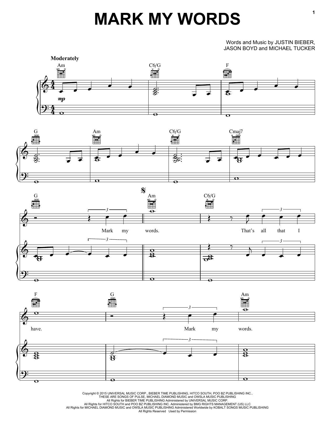 Justin Bieber Mark My Words sheet music notes and chords arranged for Piano, Vocal & Guitar Chords (Right-Hand Melody)
