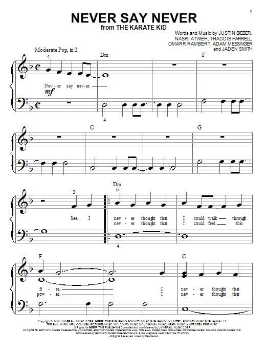 Justin Bieber Never Say Never sheet music notes and chords arranged for Big Note Piano