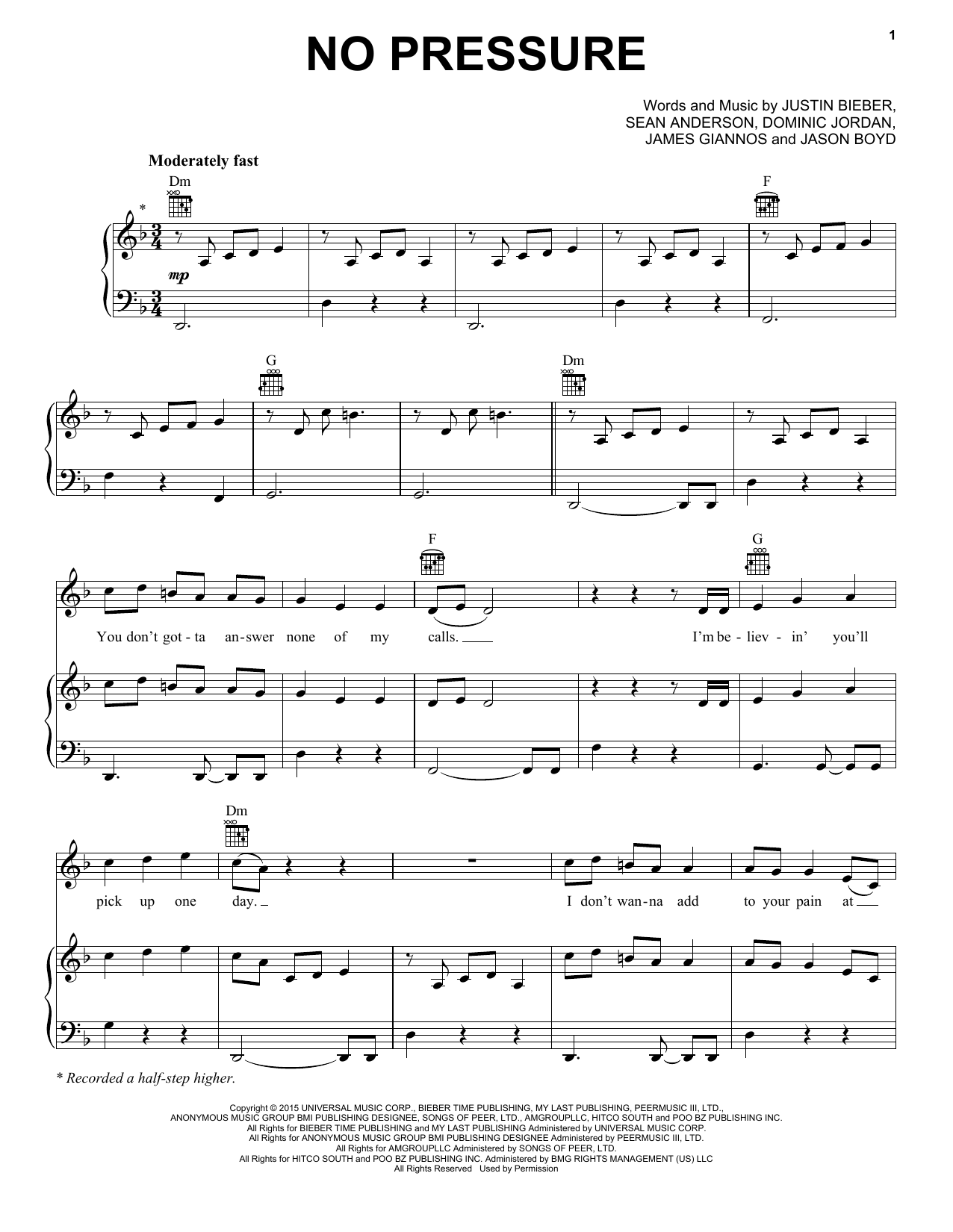 Justin Bieber No Pressure sheet music notes and chords arranged for Piano, Vocal & Guitar Chords (Right-Hand Melody)