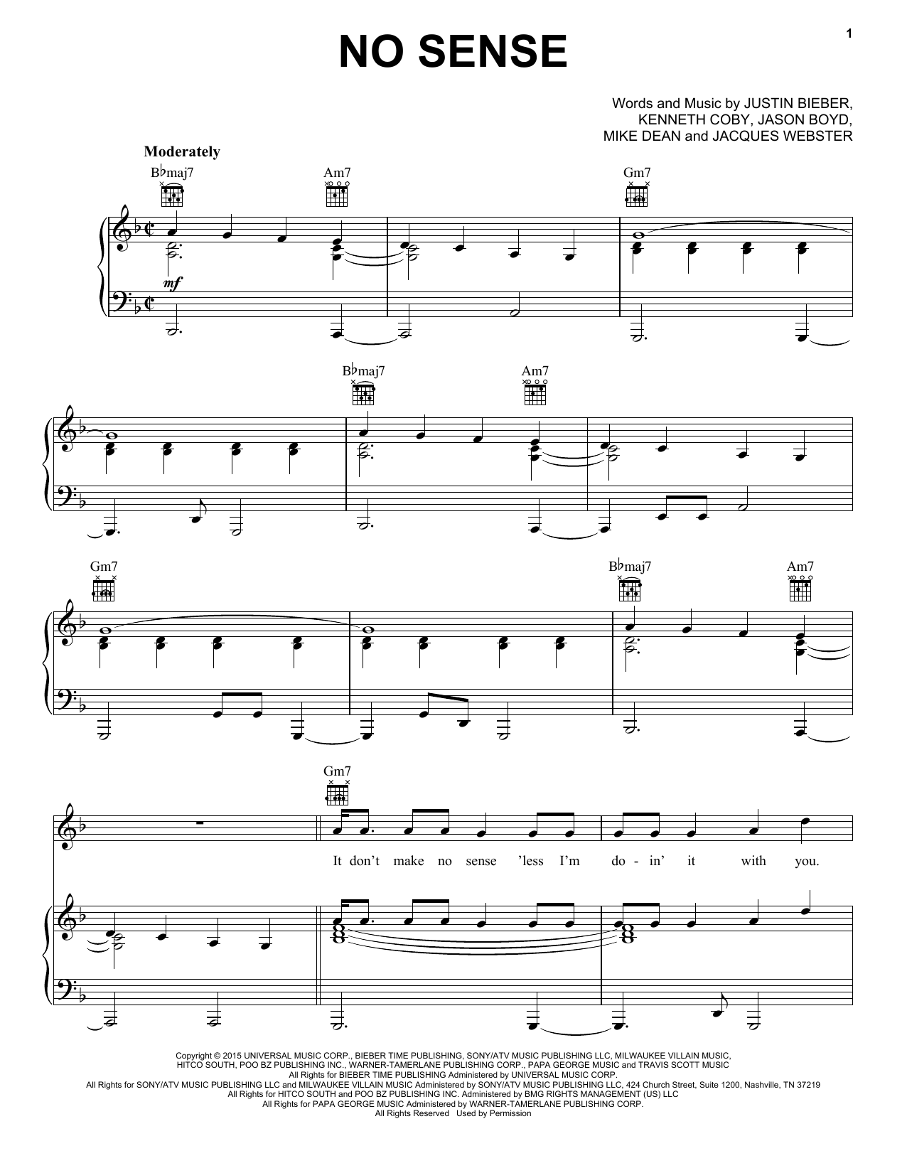 Justin Bieber No Sense sheet music notes and chords arranged for Piano, Vocal & Guitar Chords (Right-Hand Melody)