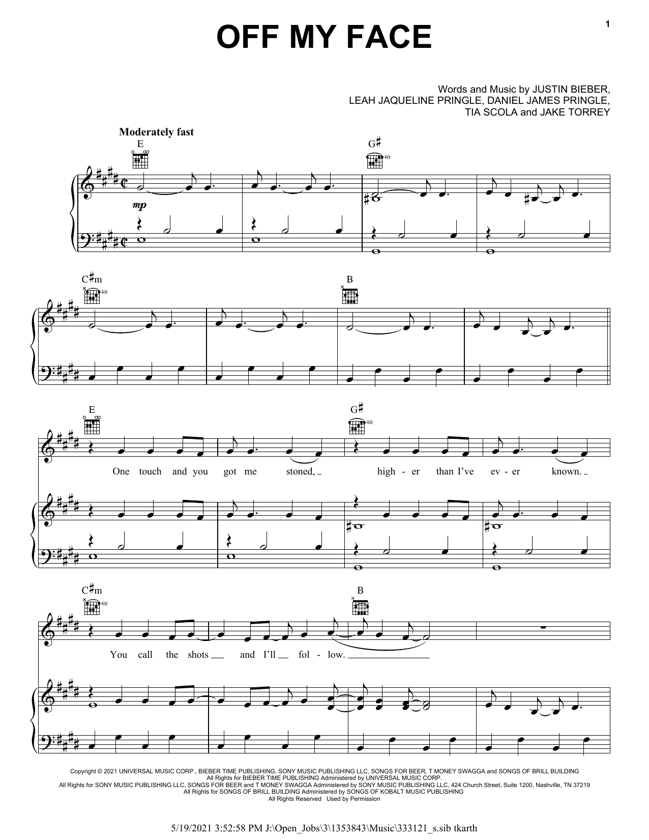 Justin Bieber Off My Face sheet music notes and chords arranged for Piano, Vocal & Guitar Chords (Right-Hand Melody)