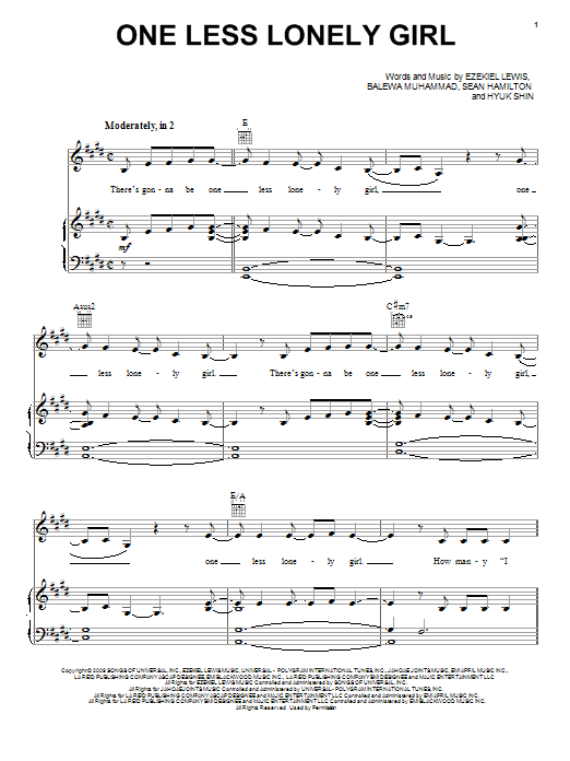 Justin Bieber One Less Lonely Girl sheet music notes and chords arranged for Big Note Piano