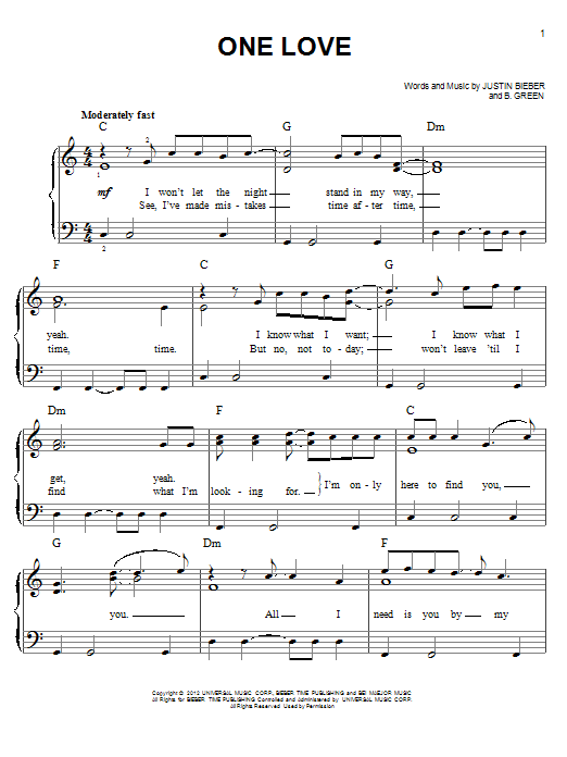 Justin Bieber One Love sheet music notes and chords arranged for Piano, Vocal & Guitar Chords (Right-Hand Melody)