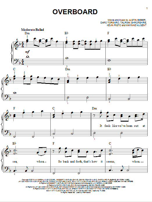 Justin Bieber Overboard sheet music notes and chords arranged for Piano, Vocal & Guitar Chords (Right-Hand Melody)