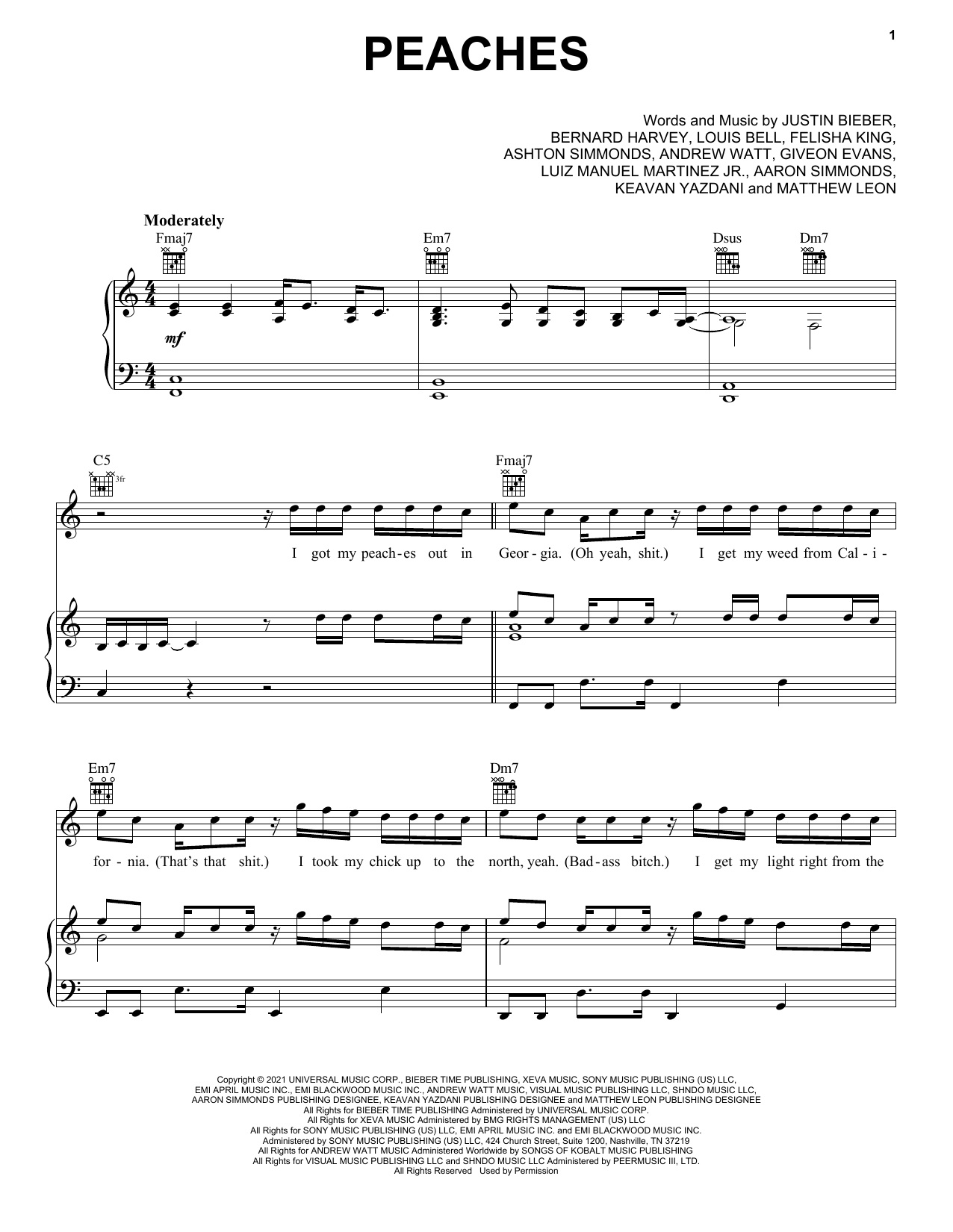 Justin Bieber Peaches (feat. Daniel Caesar & Giveon) sheet music notes and chords arranged for Piano, Vocal & Guitar Chords (Right-Hand Melody)