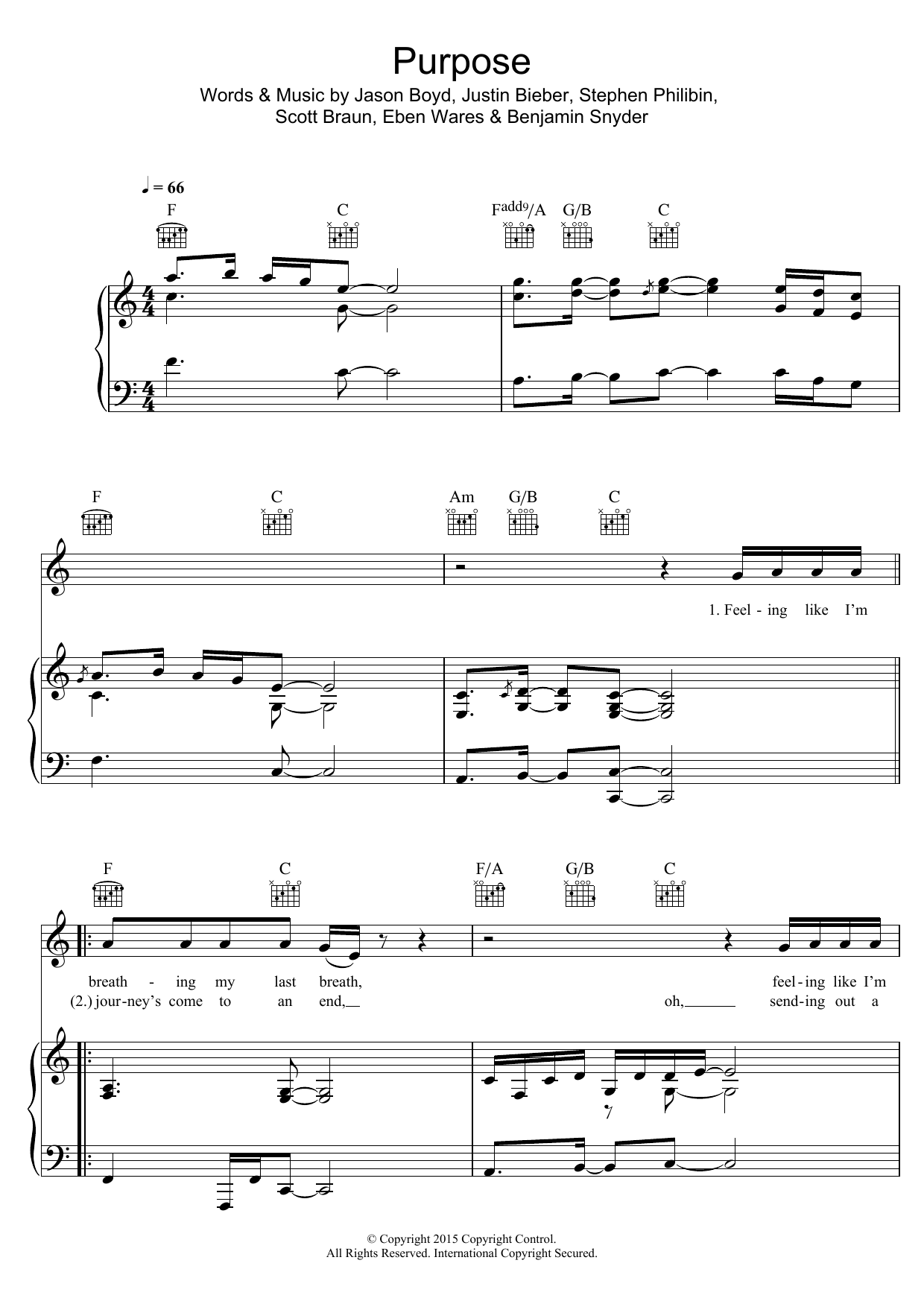 Justin Bieber Purpose sheet music notes and chords arranged for Piano, Vocal & Guitar Chords (Right-Hand Melody)