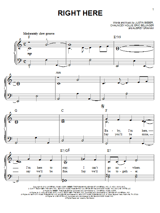 Justin Bieber Right Here sheet music notes and chords arranged for Piano, Vocal & Guitar Chords (Right-Hand Melody)