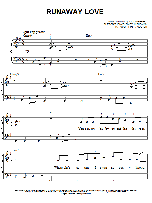 Justin Bieber Runaway Love sheet music notes and chords arranged for Easy Piano