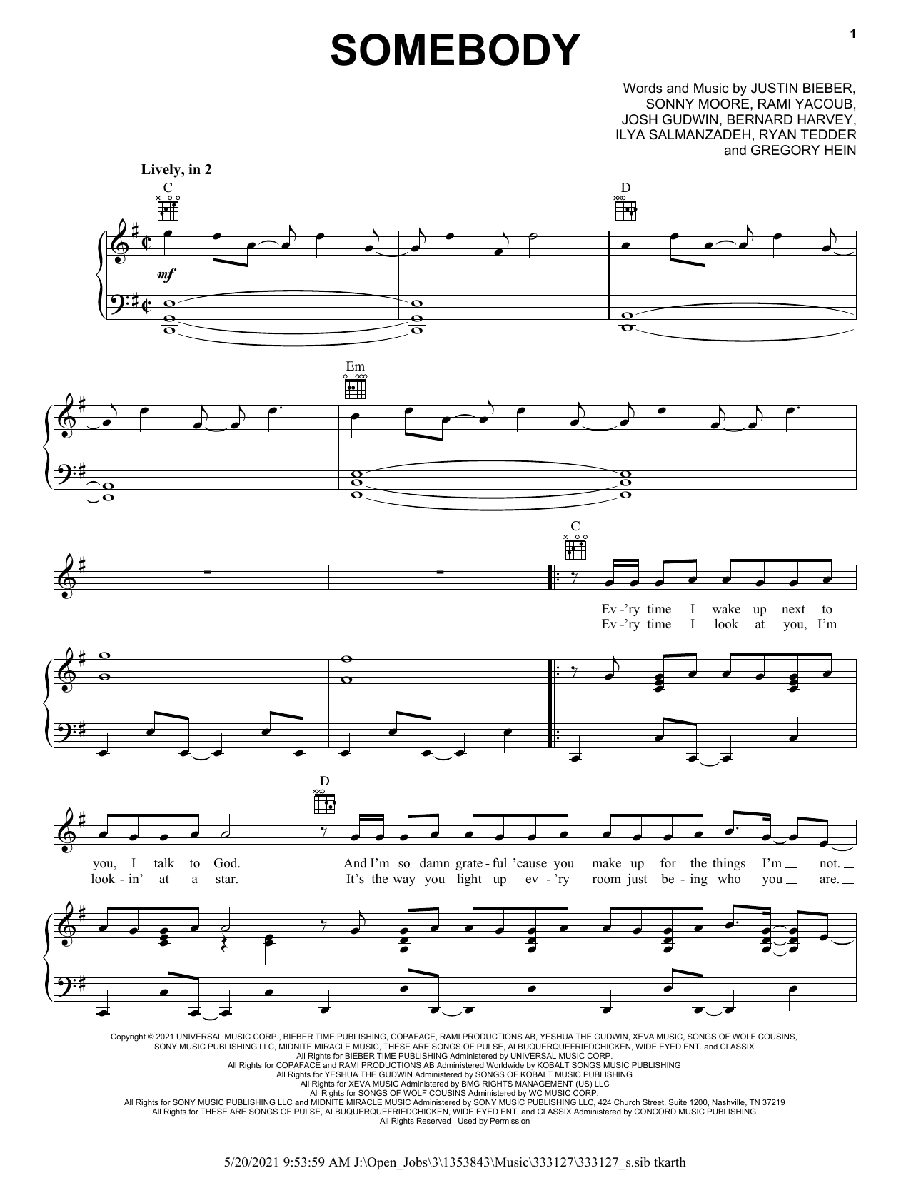 Justin Bieber Somebody sheet music notes and chords arranged for Piano, Vocal & Guitar Chords (Right-Hand Melody)
