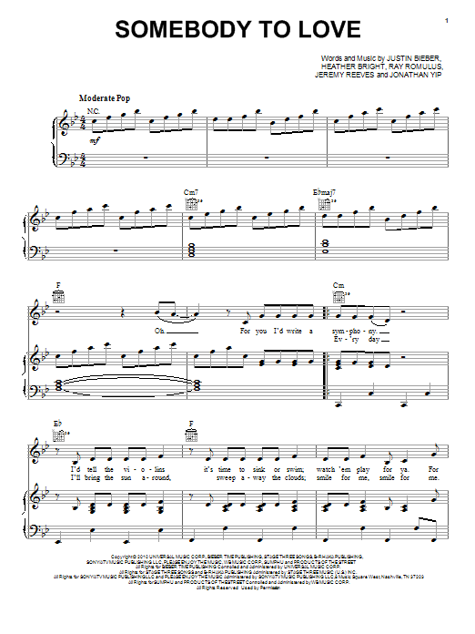 Justin Bieber Somebody To Love sheet music notes and chords arranged for Piano, Vocal & Guitar Chords (Right-Hand Melody)