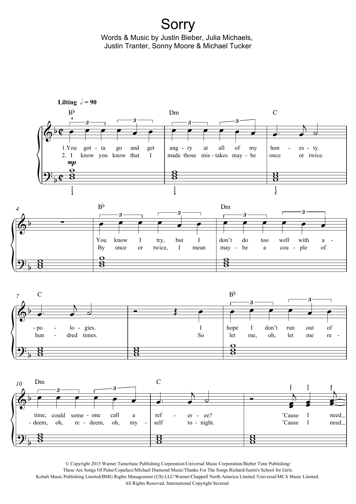 Justin Bieber Sorry sheet music notes and chords arranged for Piano, Vocal & Guitar Chords