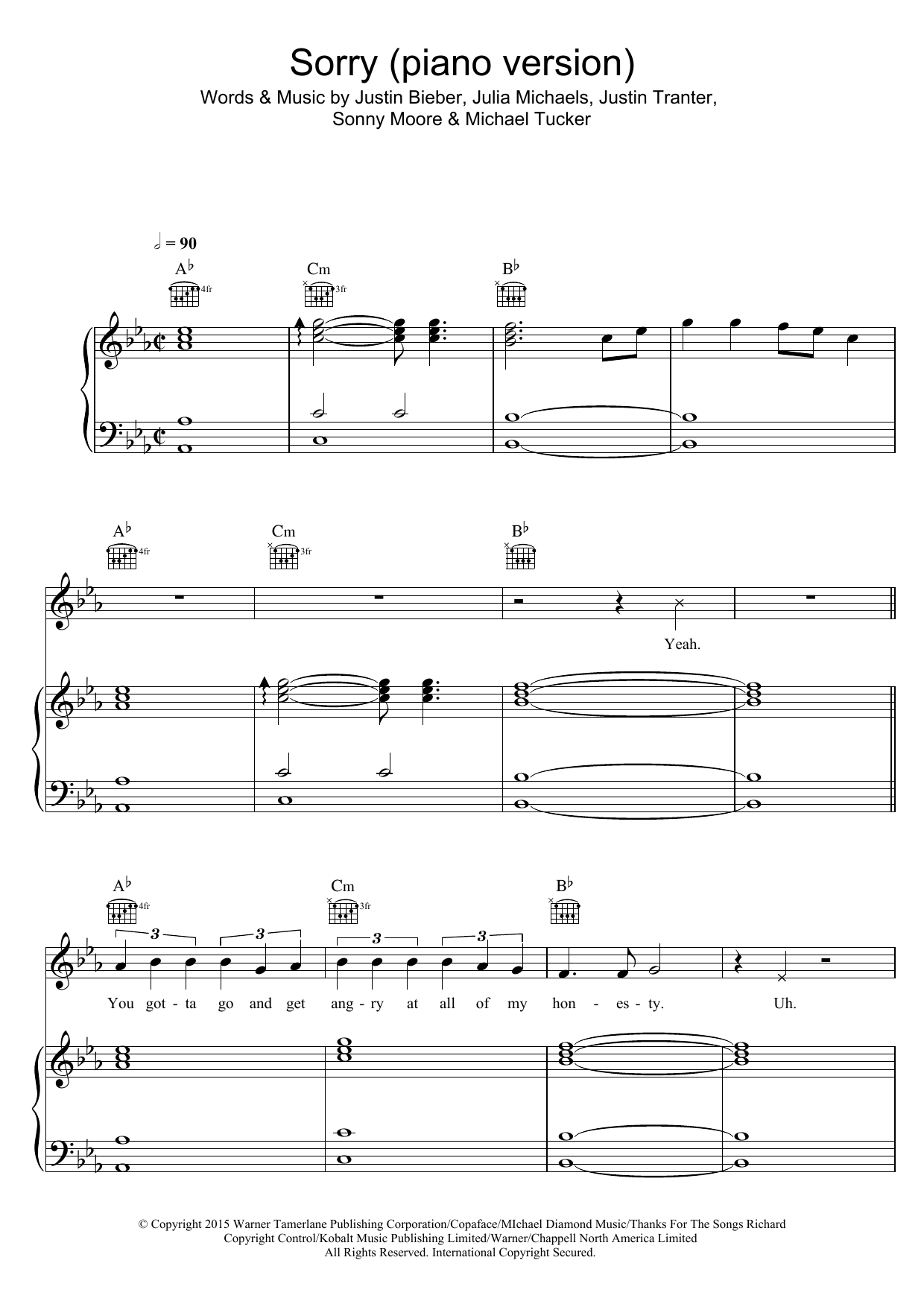 Justin Bieber Sorry (piano version) sheet music notes and chords arranged for Piano, Vocal & Guitar Chords