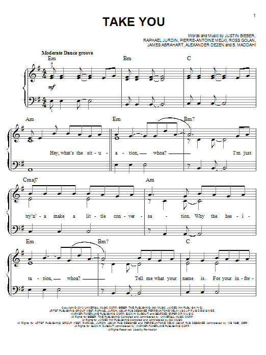 Justin Bieber Take You sheet music notes and chords arranged for Easy Piano