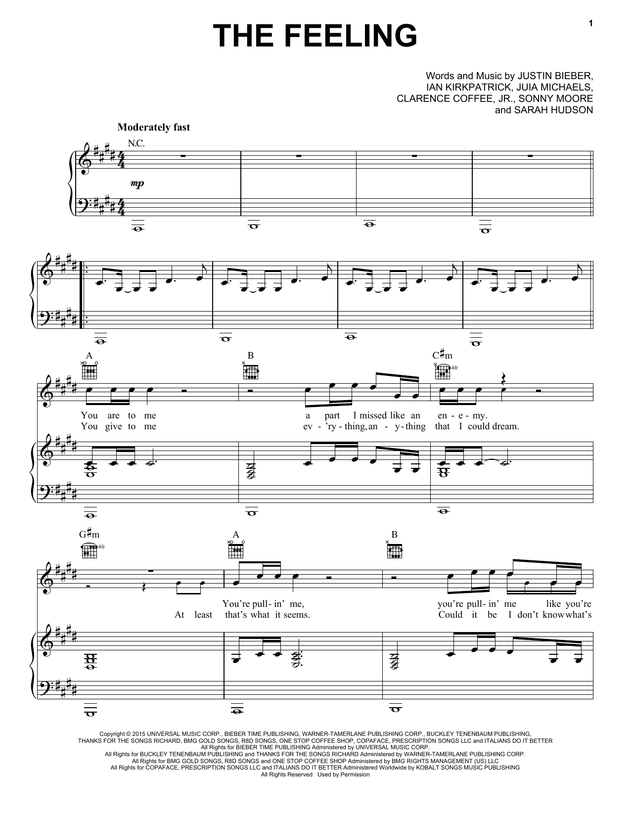 Justin Bieber The Feeling sheet music notes and chords arranged for Piano, Vocal & Guitar Chords (Right-Hand Melody)