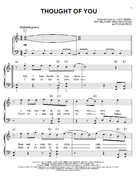 Justin Bieber Thought Of You sheet music notes and chords arranged for Piano, Vocal & Guitar Chords (Right-Hand Melody)