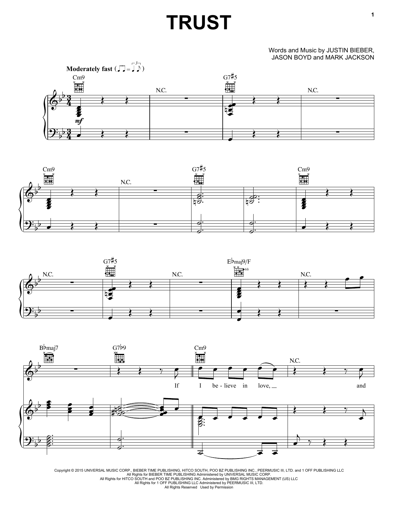 Justin Bieber Trust sheet music notes and chords arranged for Piano, Vocal & Guitar Chords (Right-Hand Melody)