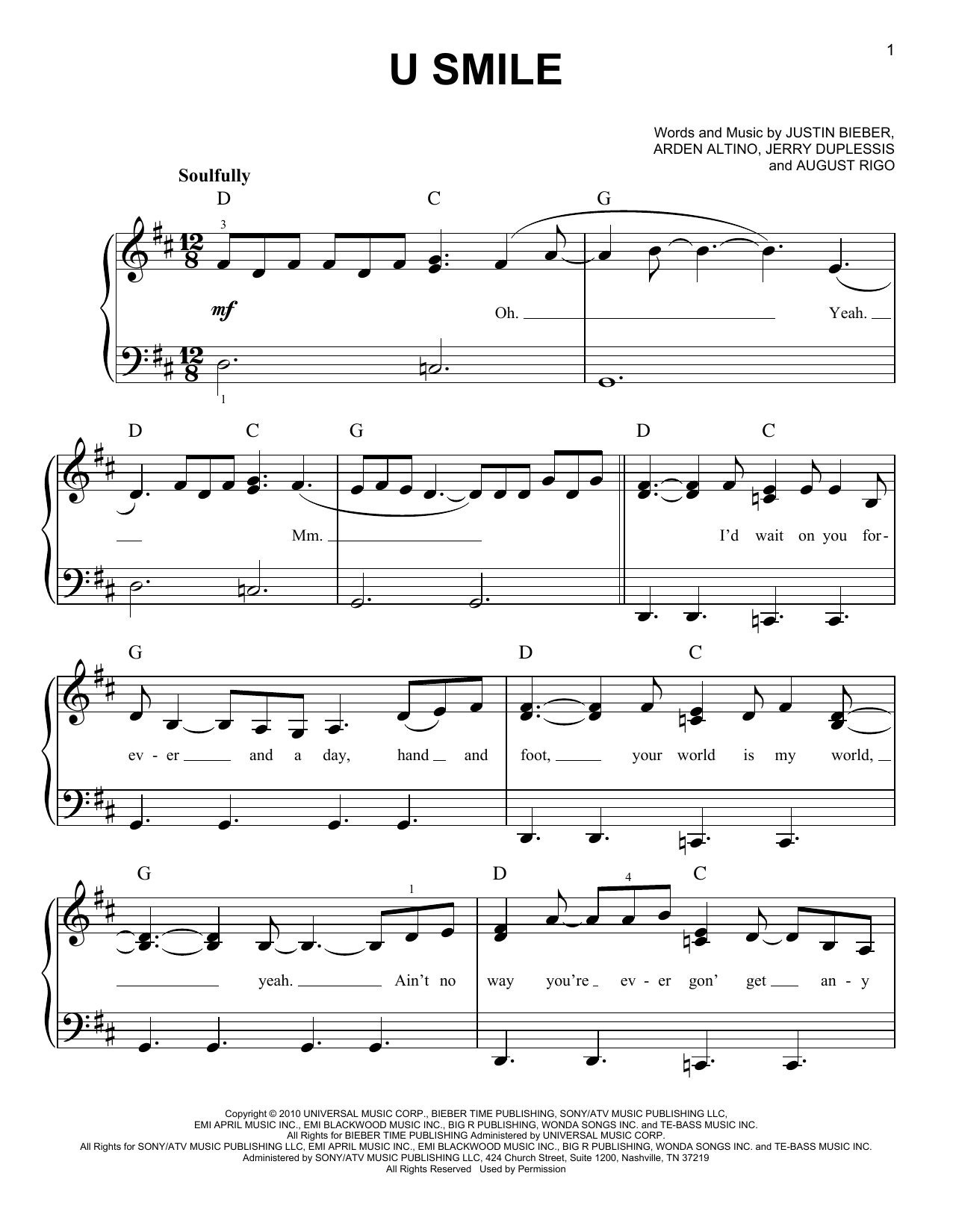 Justin Bieber U Smile sheet music notes and chords arranged for Easy Piano