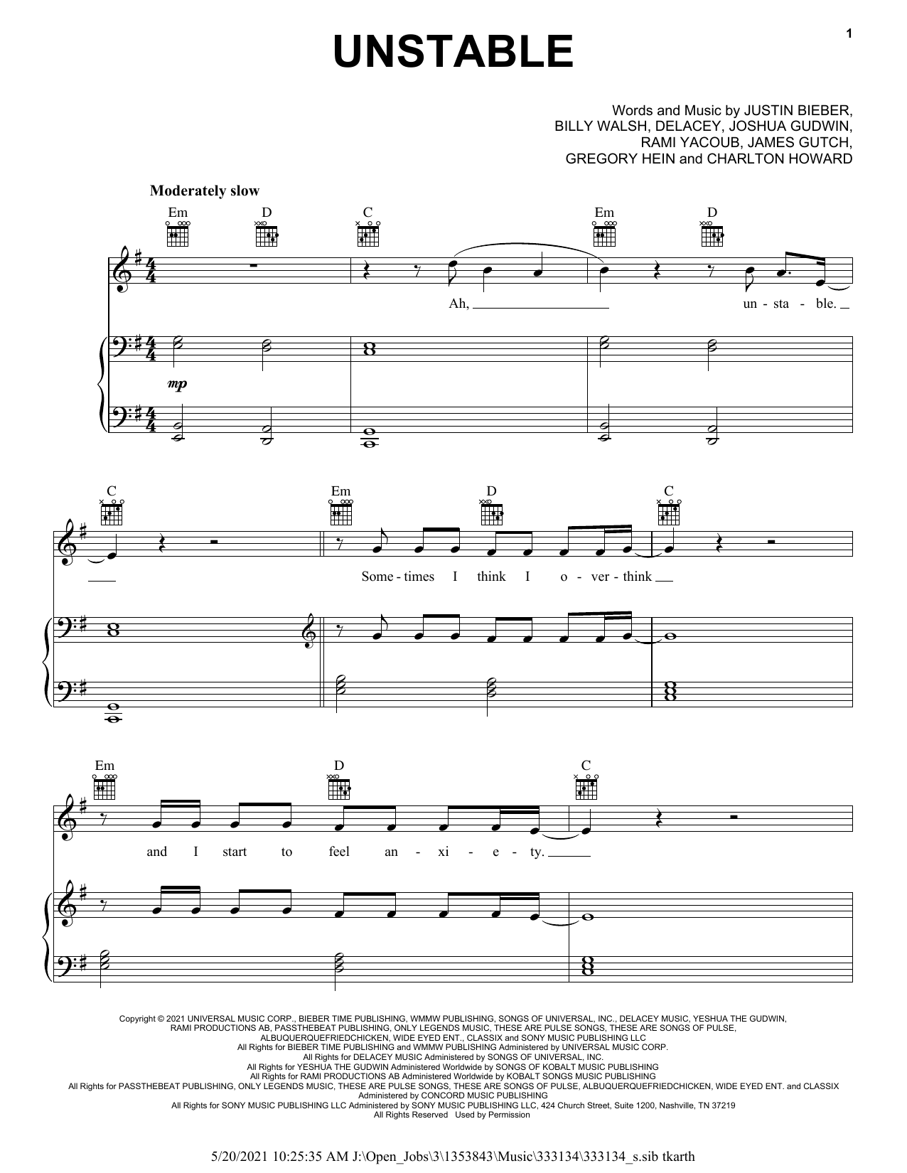 Justin Bieber Unstable (feat. The Kid LAROI) sheet music notes and chords arranged for Piano, Vocal & Guitar Chords (Right-Hand Melody)