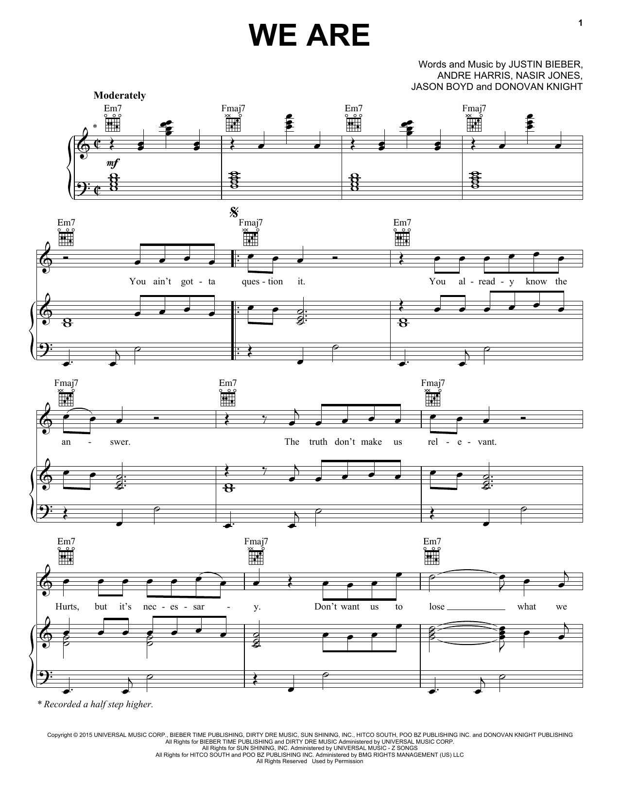 Justin Bieber We Are sheet music notes and chords arranged for Piano, Vocal & Guitar Chords (Right-Hand Melody)