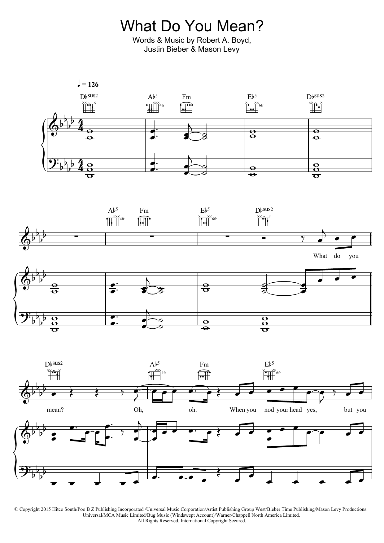 Justin Bieber What Do You Mean? sheet music notes and chords arranged for Piano, Vocal & Guitar Chords