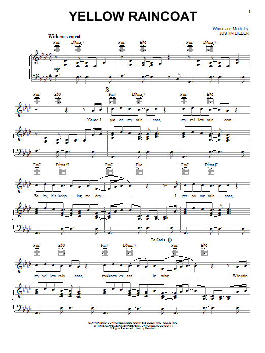 Justin Bieber Yellow Raincoat sheet music notes and chords arranged for Piano, Vocal & Guitar Chords (Right-Hand Melody)