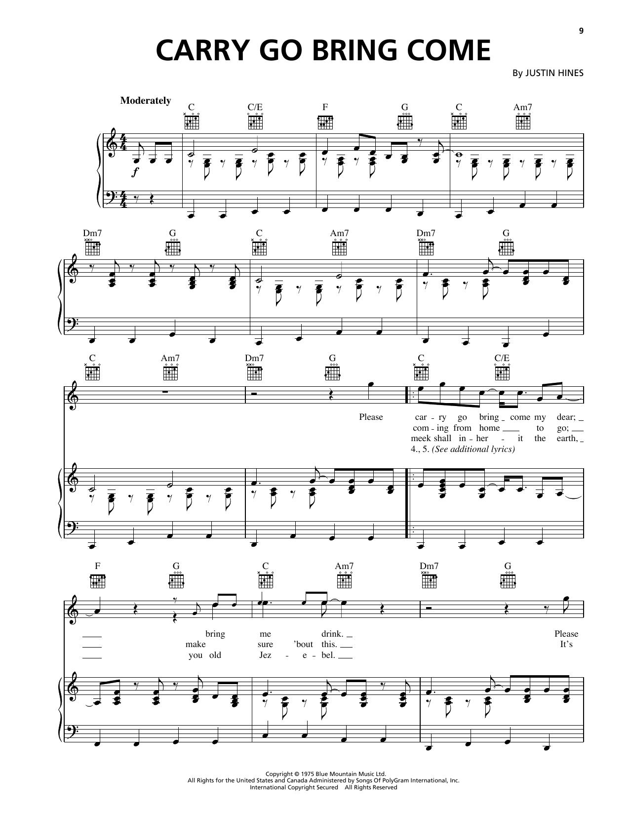 Justin Hinds Carry Go Bring Come sheet music notes and chords arranged for Piano, Vocal & Guitar Chords (Right-Hand Melody)
