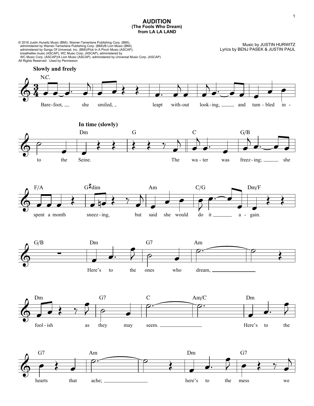 Justin Hurwitz Audition (The Fools Who Dream) (from La La Land) sheet music notes and chords arranged for Lead Sheet / Fake Book