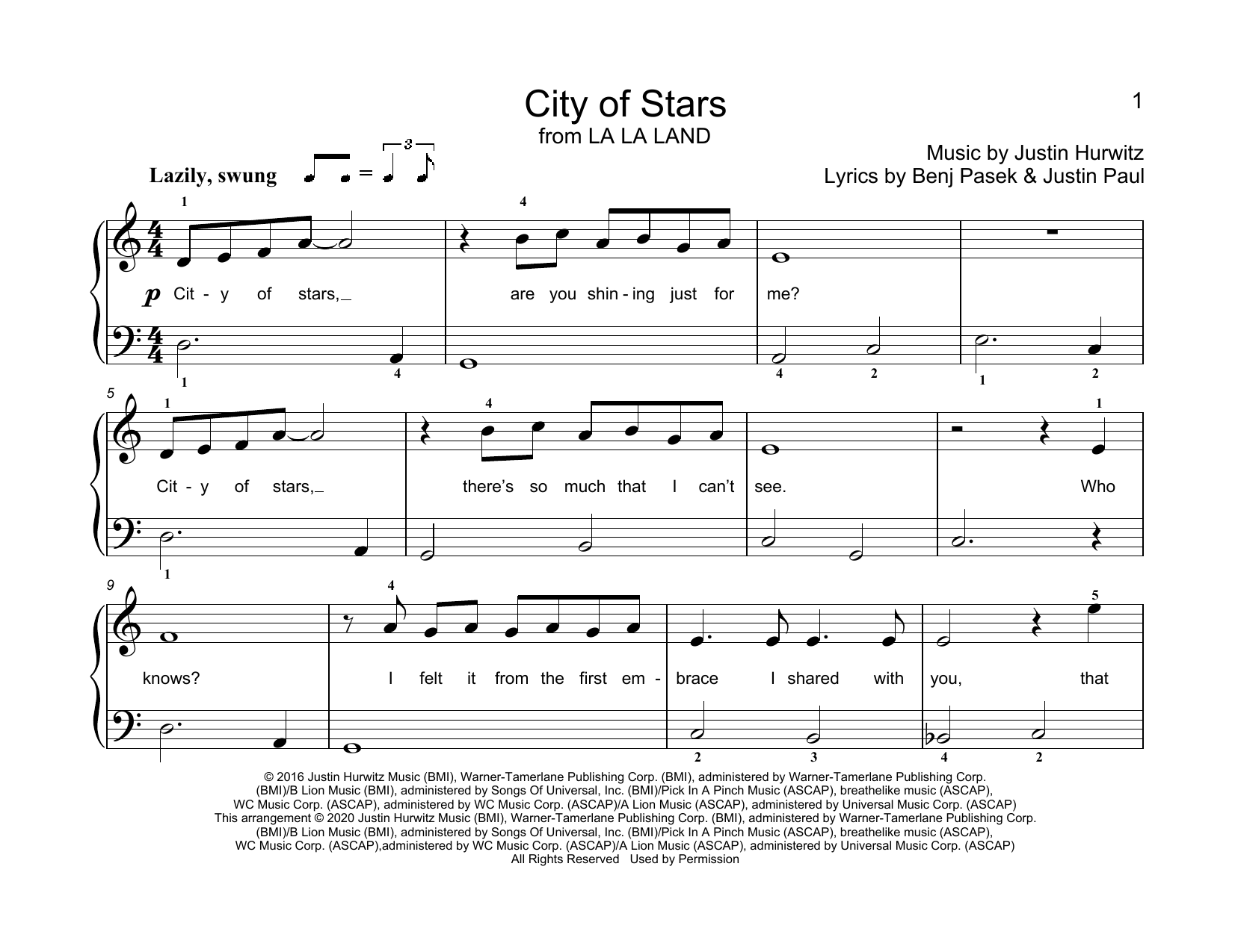 Justin Hurwitz City Of Stars (from La La Land) (arr. Christopher Hussey) sheet music notes and chords arranged for Educational Piano