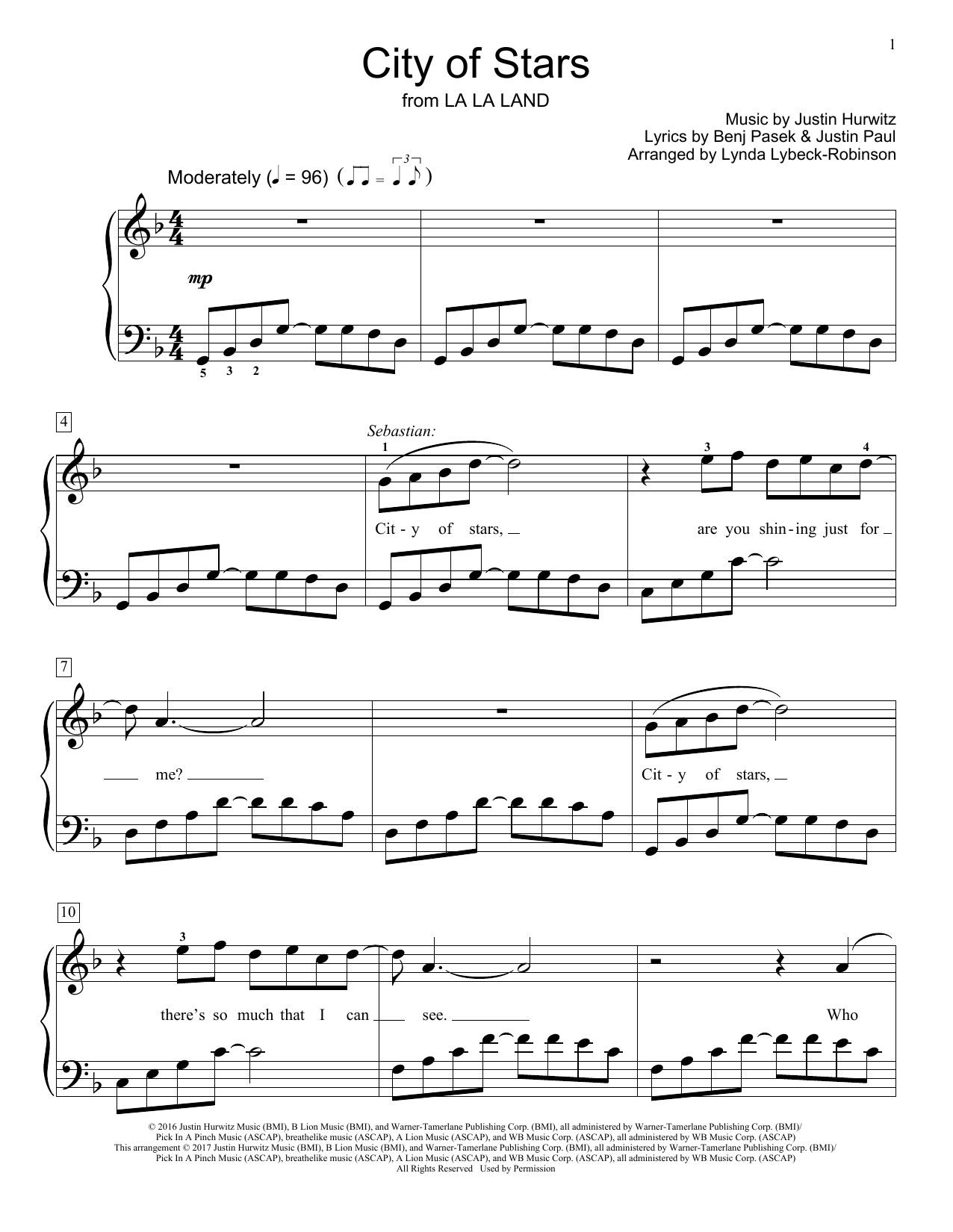 Justin Hurwitz City Of Stars (from La La Land) (arr. Lynda Lybeck-Robinson) sheet music notes and chords arranged for Educational Piano