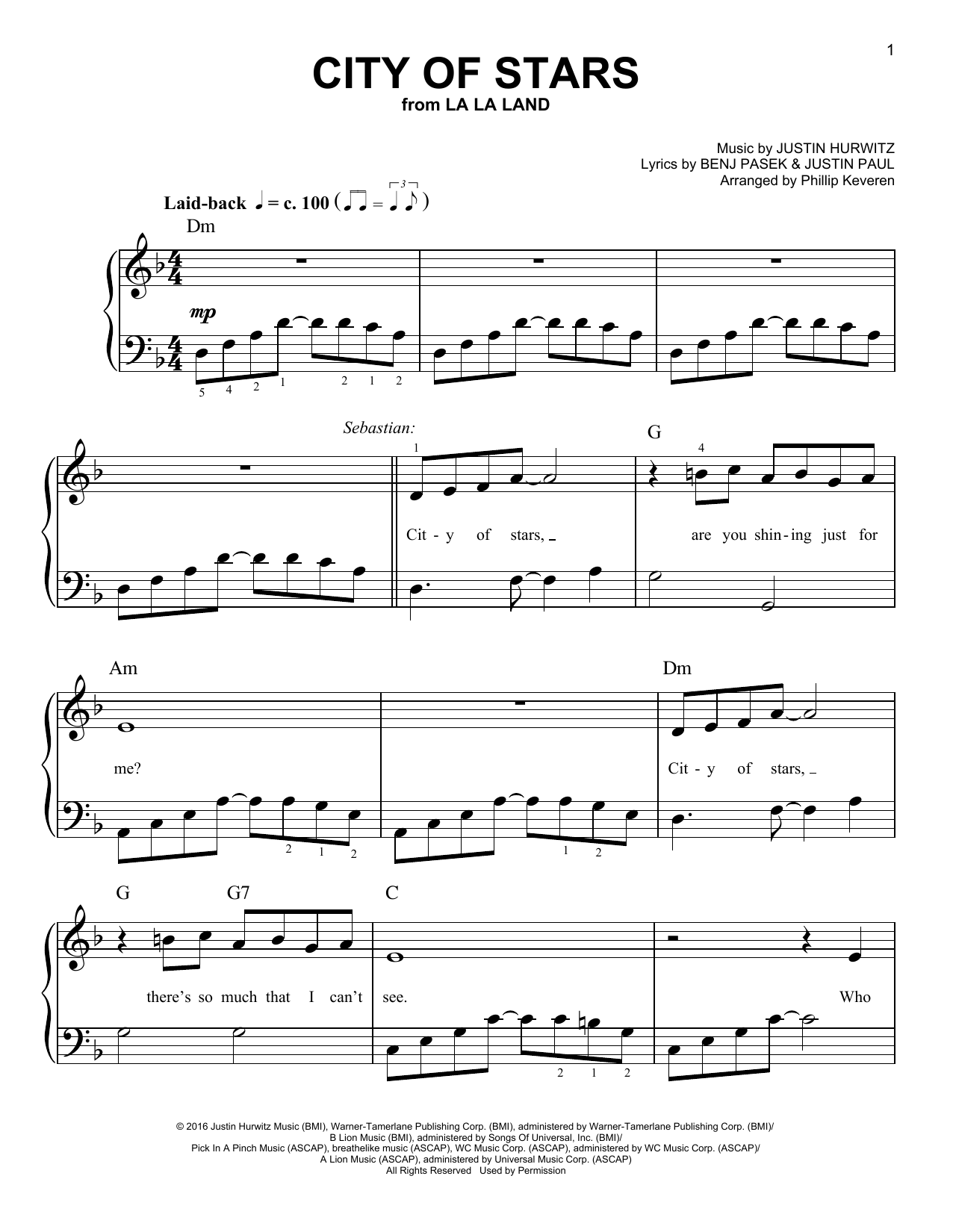 Justin Hurwitz City Of Stars (from La La Land) (arr. Phillip Keveren) sheet music notes and chords arranged for Easy Piano