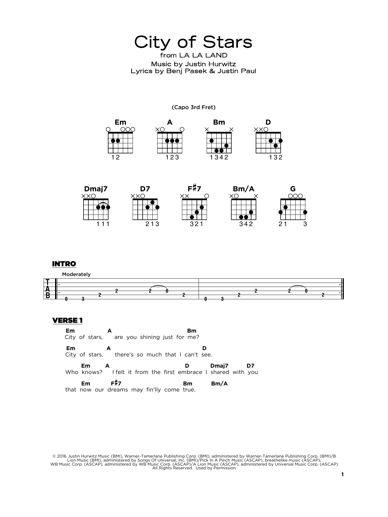Justin Hurwitz City Of Stars (from La La Land) sheet music notes and chords arranged for Solo Guitar