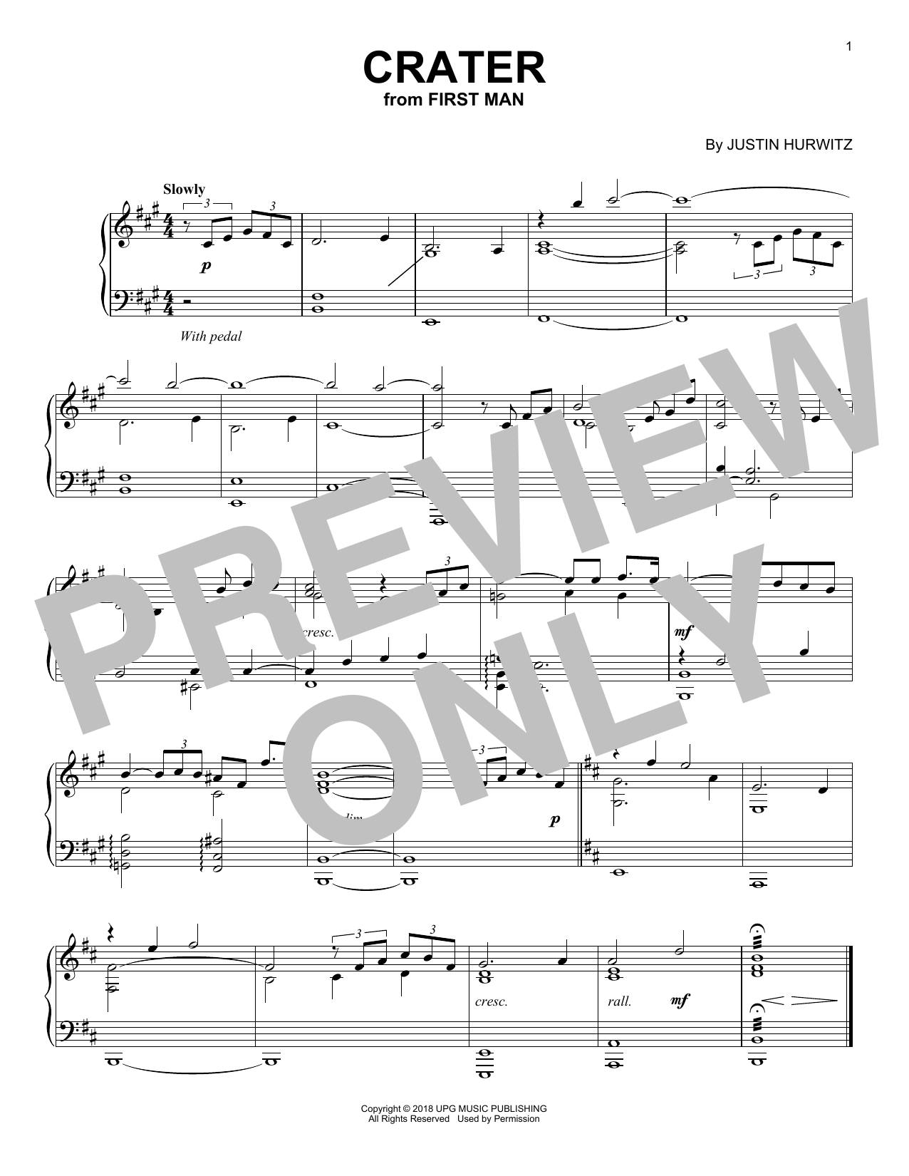 Justin Hurwitz Crater (from First Man) sheet music notes and chords arranged for Piano Solo