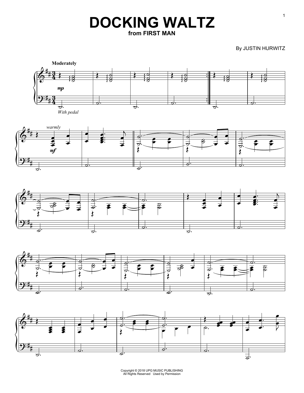 Justin Hurwitz Docking Waltz (from First Man) sheet music notes and chords arranged for Piano Solo