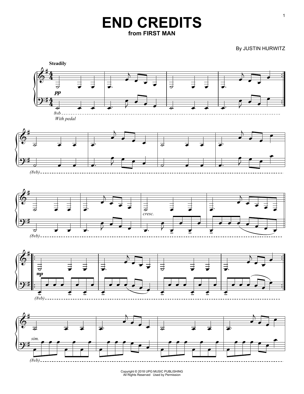 Justin Hurwitz End Credits (from First Man) sheet music notes and chords arranged for Piano Solo