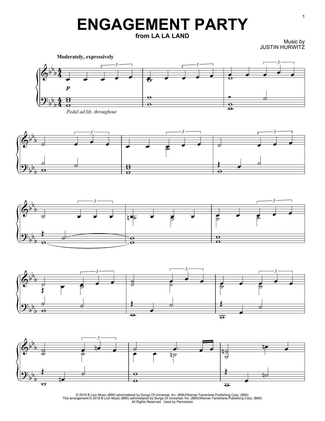 Justin Hurwitz Engagement Party (from La La Land) sheet music notes and chords arranged for Piano Solo
