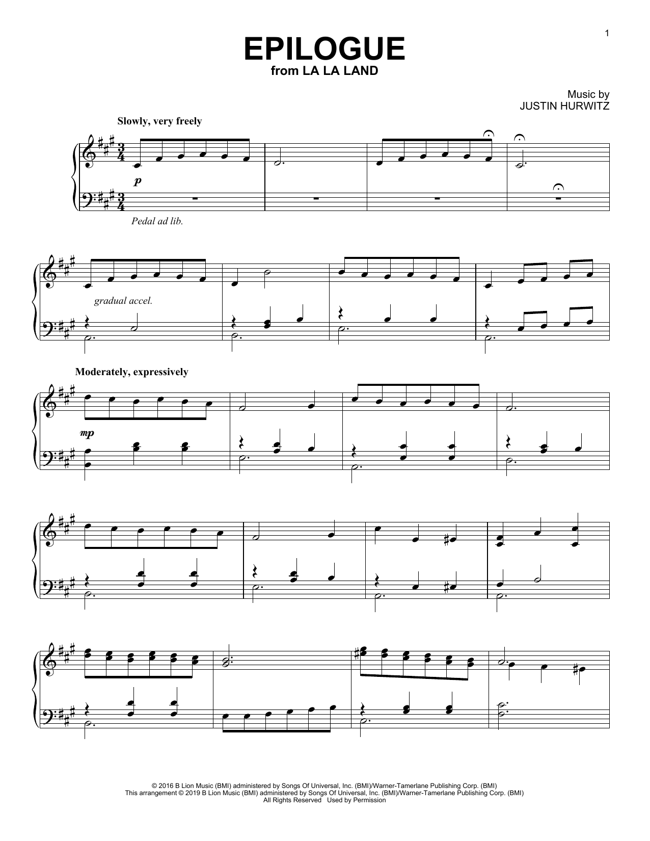 Justin Hurwitz Epilogue (from La La Land) sheet music notes and chords arranged for Piano Solo