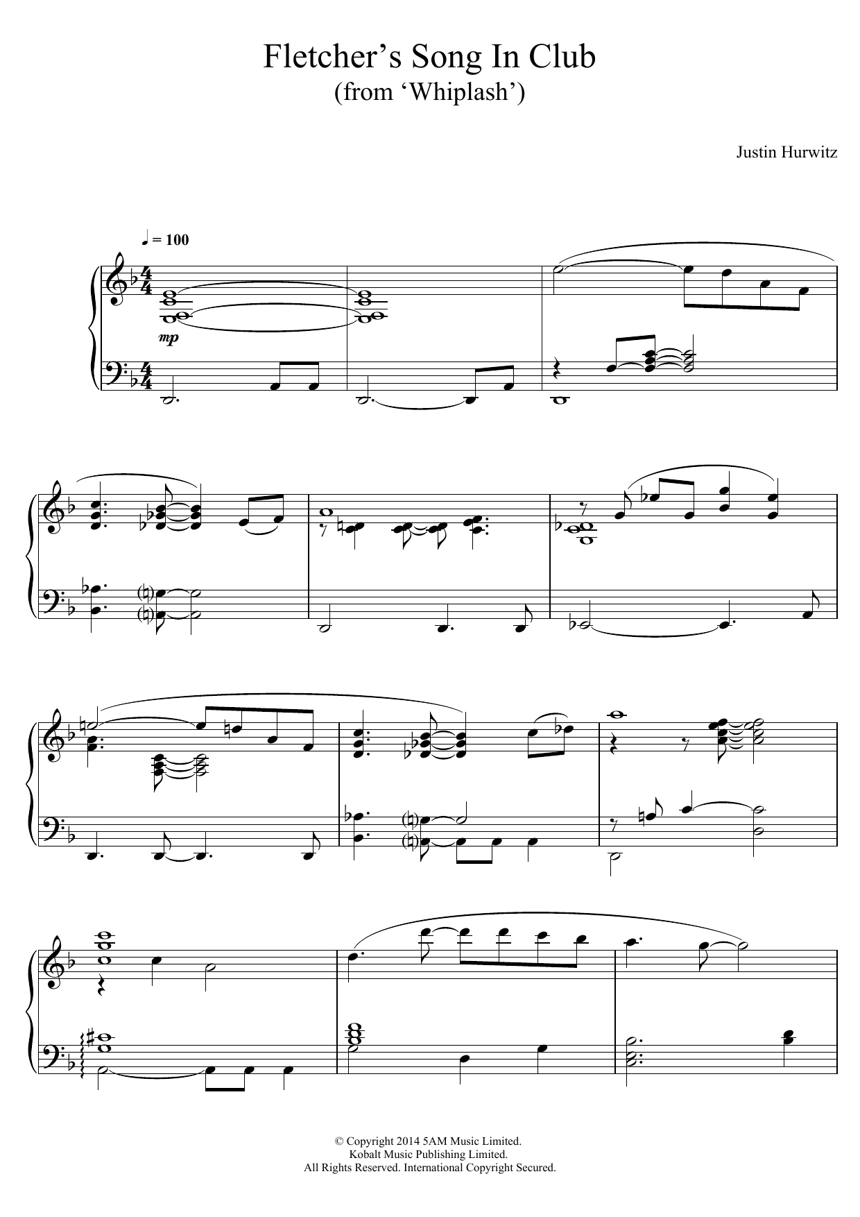 Justin Hurwitz Fletcher's Song In Club (from 'Whiplash') sheet music notes and chords arranged for Piano Solo