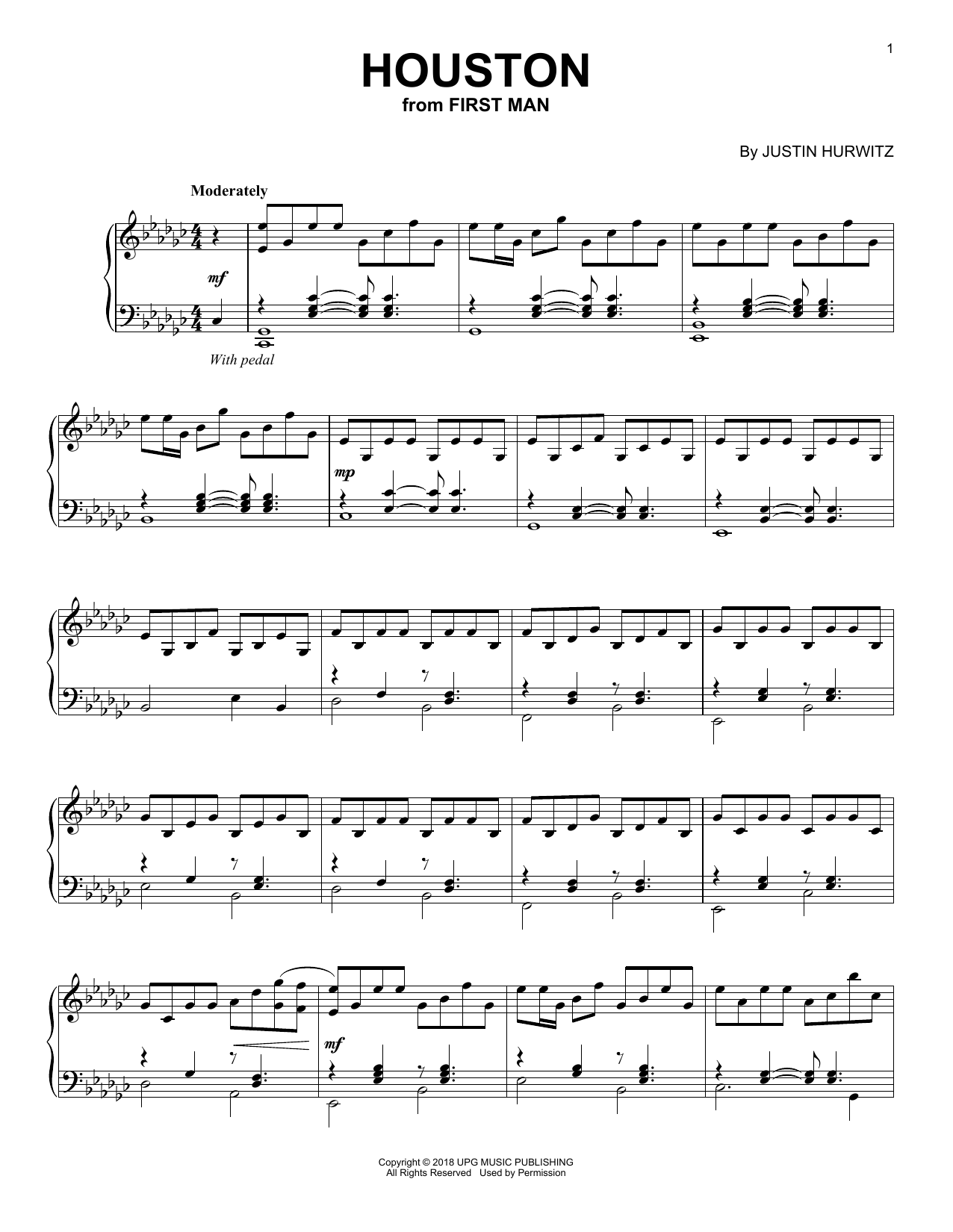 Justin Hurwitz Houston (from First Man) sheet music notes and chords arranged for Piano Solo