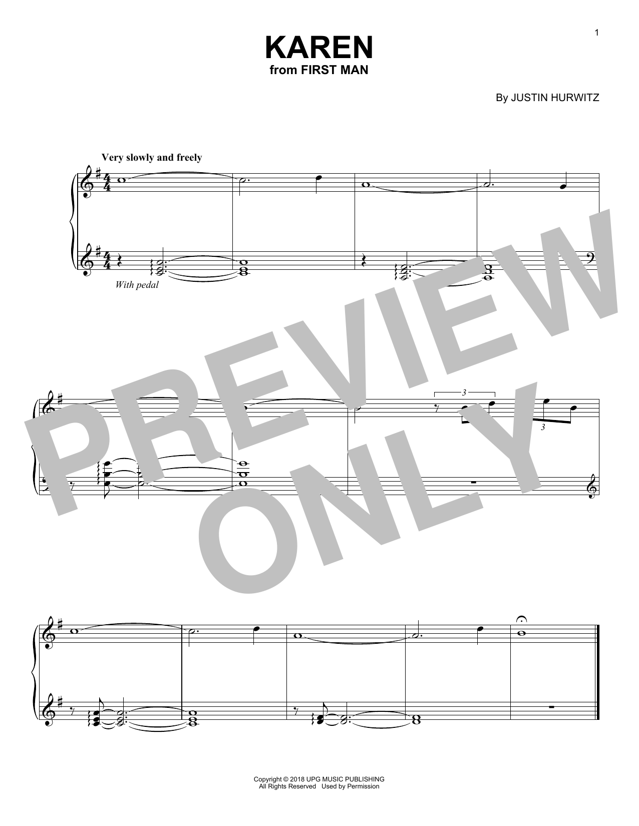 Justin Hurwitz Karen (from First Man) sheet music notes and chords arranged for Piano Solo