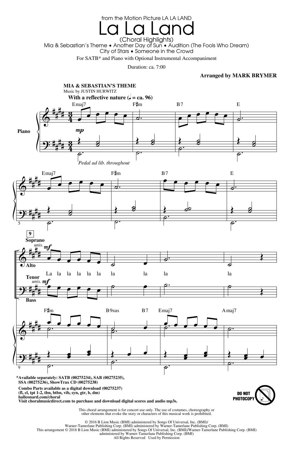 Justin Hurwitz La La Land: Choral Highlights (arr. Mark Brymer) sheet music notes and chords arranged for SAB Choir