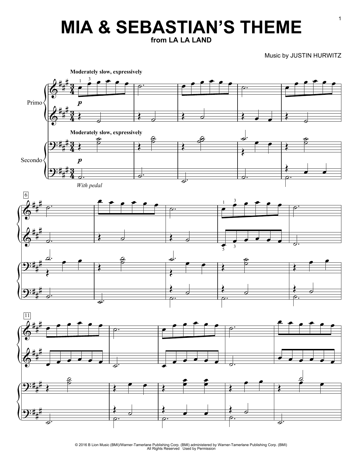Justin Hurwitz Mia & Sebastian's Theme (from La La Land) (arr. Brent Edstrom) sheet music notes and chords arranged for Piano Duet