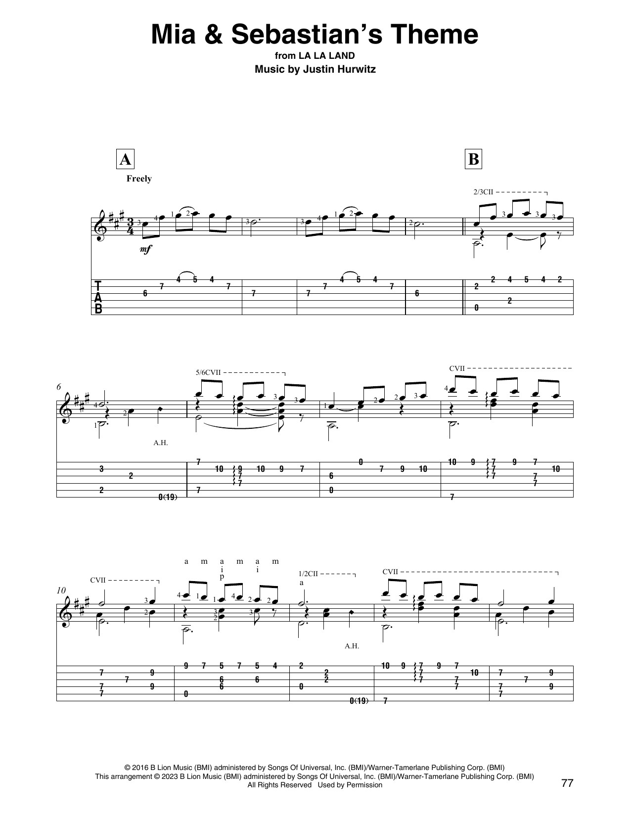 Justin Hurwitz Mia & Sebastian's Theme (from La La Land) sheet music notes and chords arranged for Solo Guitar