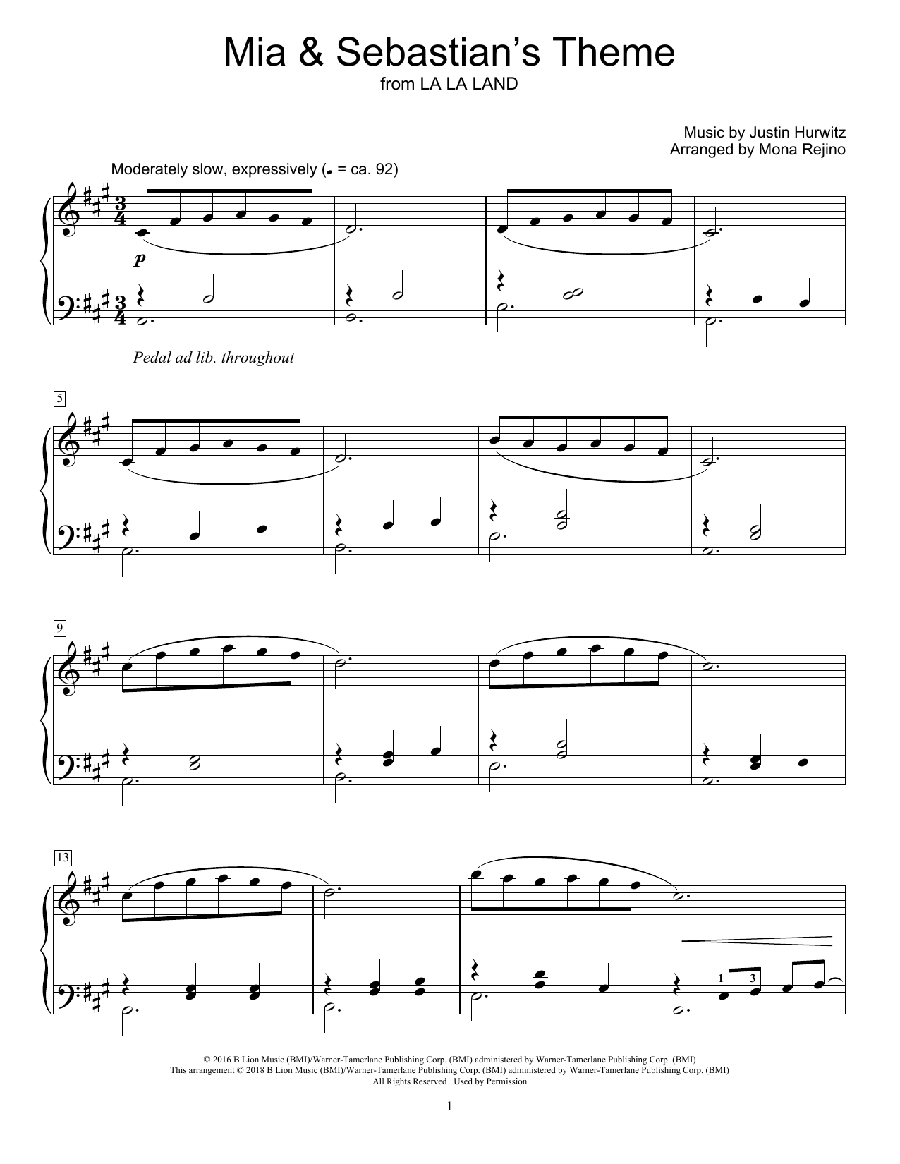 Justin Hurwitz Mia & Sebastian's Theme (from La La Land) (arr. Mona Rejino) sheet music notes and chords arranged for Educational Piano